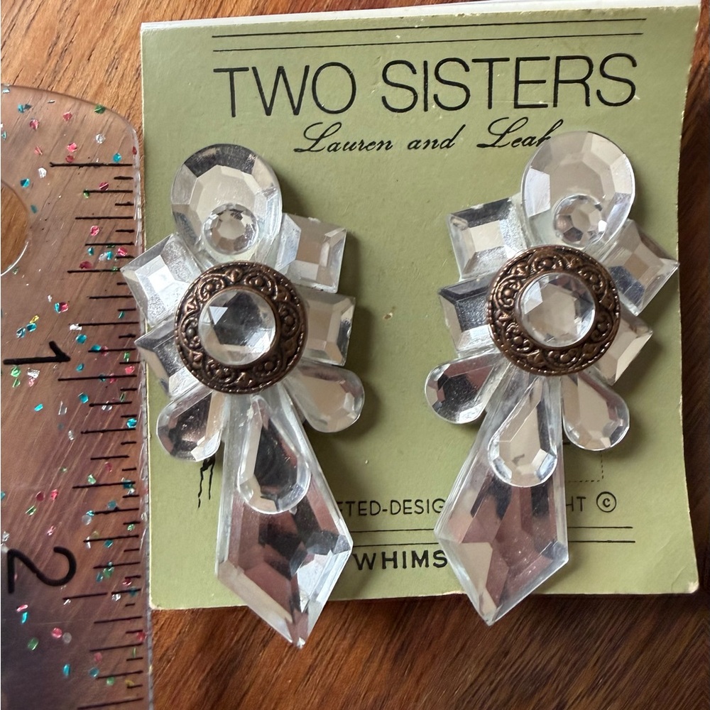 Vintage Two Sisters 80s Funky Clip On Earrings Plastic Rhinestone